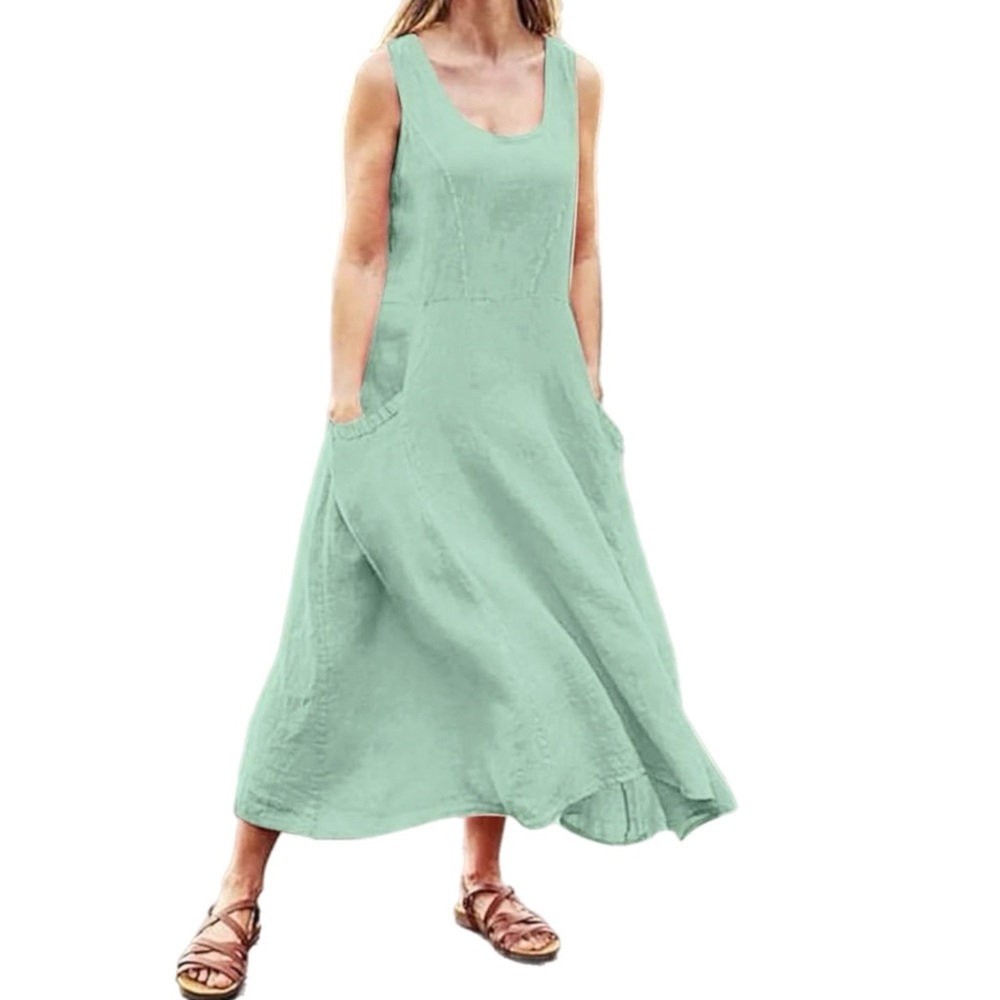 Sleeveless Mint Green Midi Dress Scoop Neck Pockets L Coastal